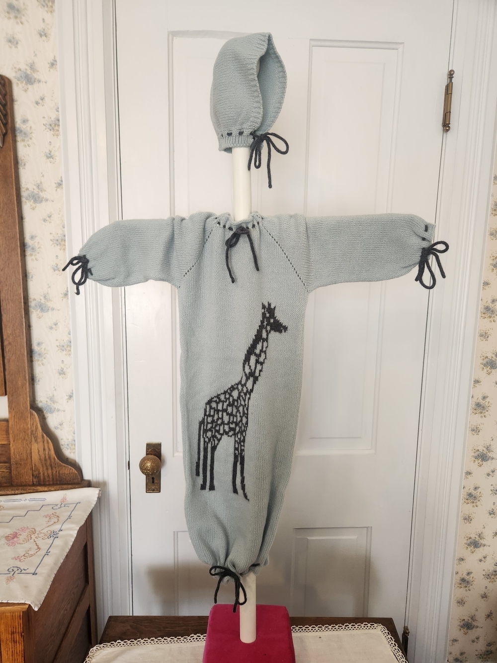 100% American Cashmere Light Blue and Navy Giraffe Baby Sacque One Size